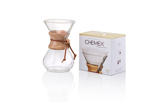 Chemex Kaffeebereiter für 6 Tassen, klarer Kaffeegenuss, elegantes Design, von Erste Tegernseer Kaffeerösterei, Glas und Holzgriff