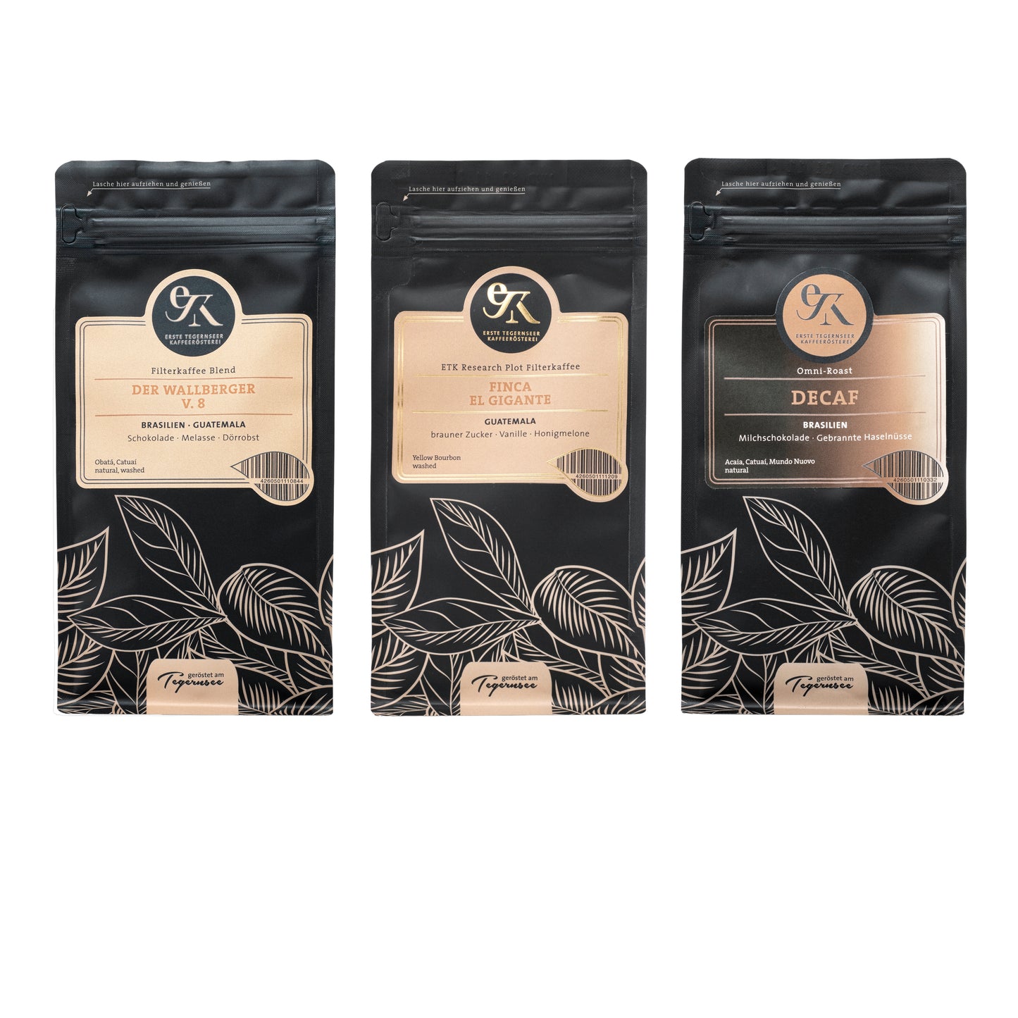 Filterkaffee Probier-Set „Masterpiece Selection“ der Ersten Tegernseer Kaffeerösterei mit den drei exklusiven Sorten Der Wallberger V.8, Finca El Gigante Yellow Bourbon und Decaf
