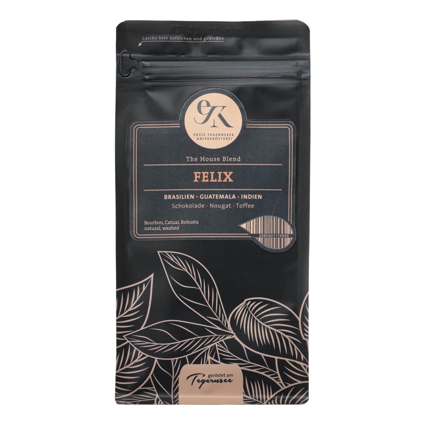 Espresso Houseblend Felix aus Brasilien, Guatemala und Indien von der Ersten Tegernseer Kaffeerösterei mit Geschmacksnoten von Schokolade, Nougat und Toffee