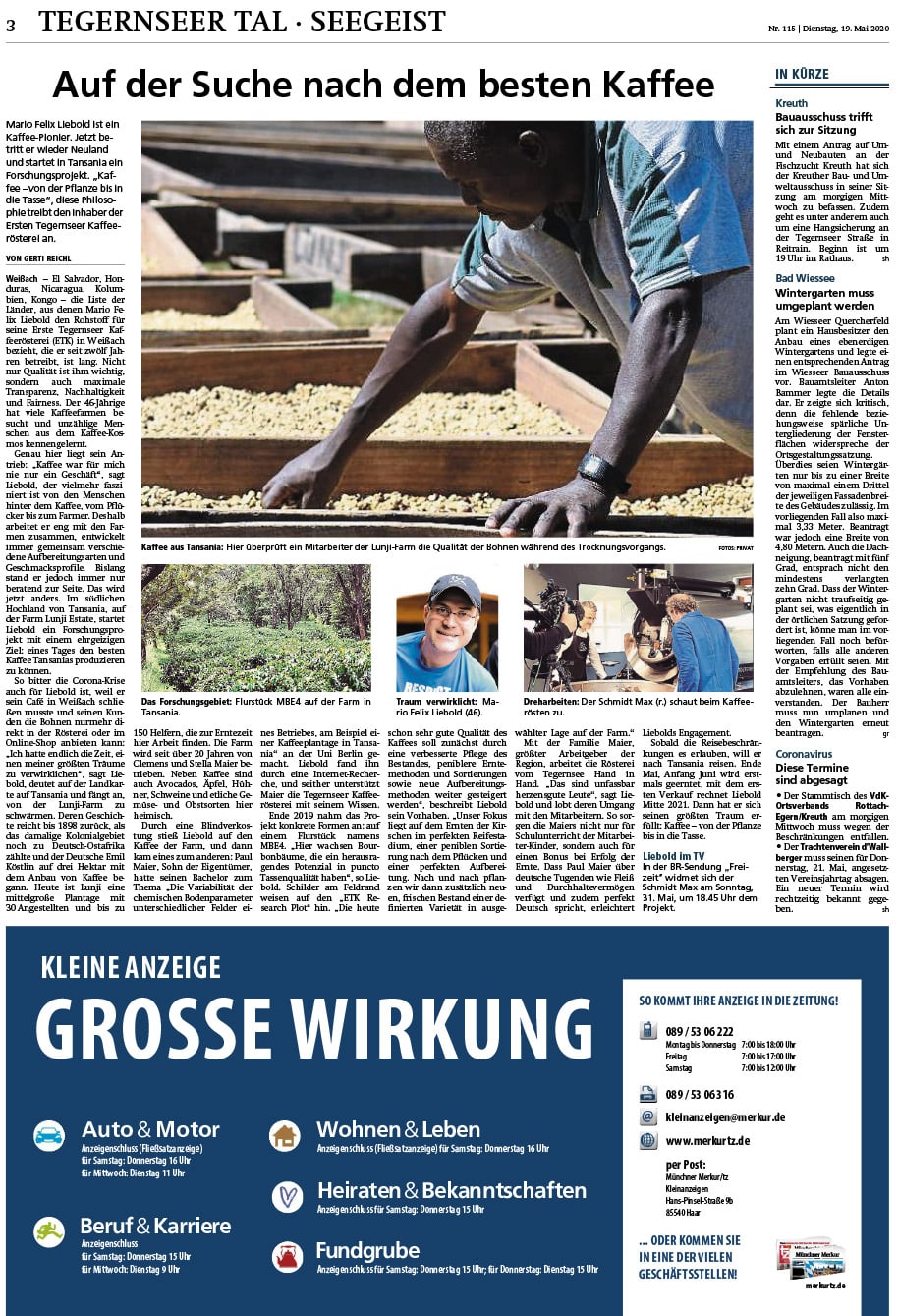 Auf der Suche nach dem besten Kaffee (Tegernseer Zeitung 19.05.2020)
