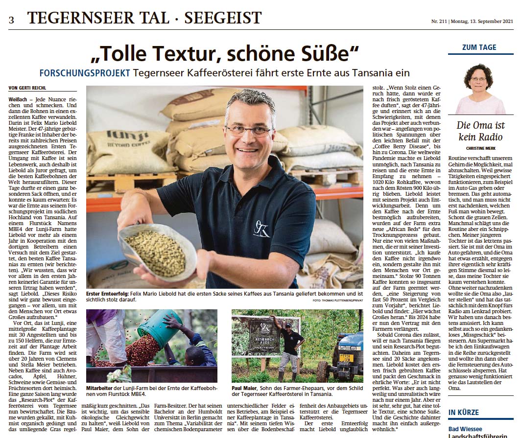 FORSCHUNGSPROJEKT Tegernseer Kaffeerösterei fährt erste Ernte aus Tansania ein