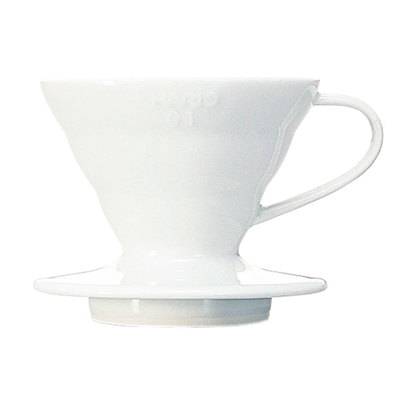 Weiße Hario V60 (Größe 01) Kaffeefilter-Dropper aus Porzellan mit 100 Filterpapier, ideal für perfekten Kaffeegenuss.