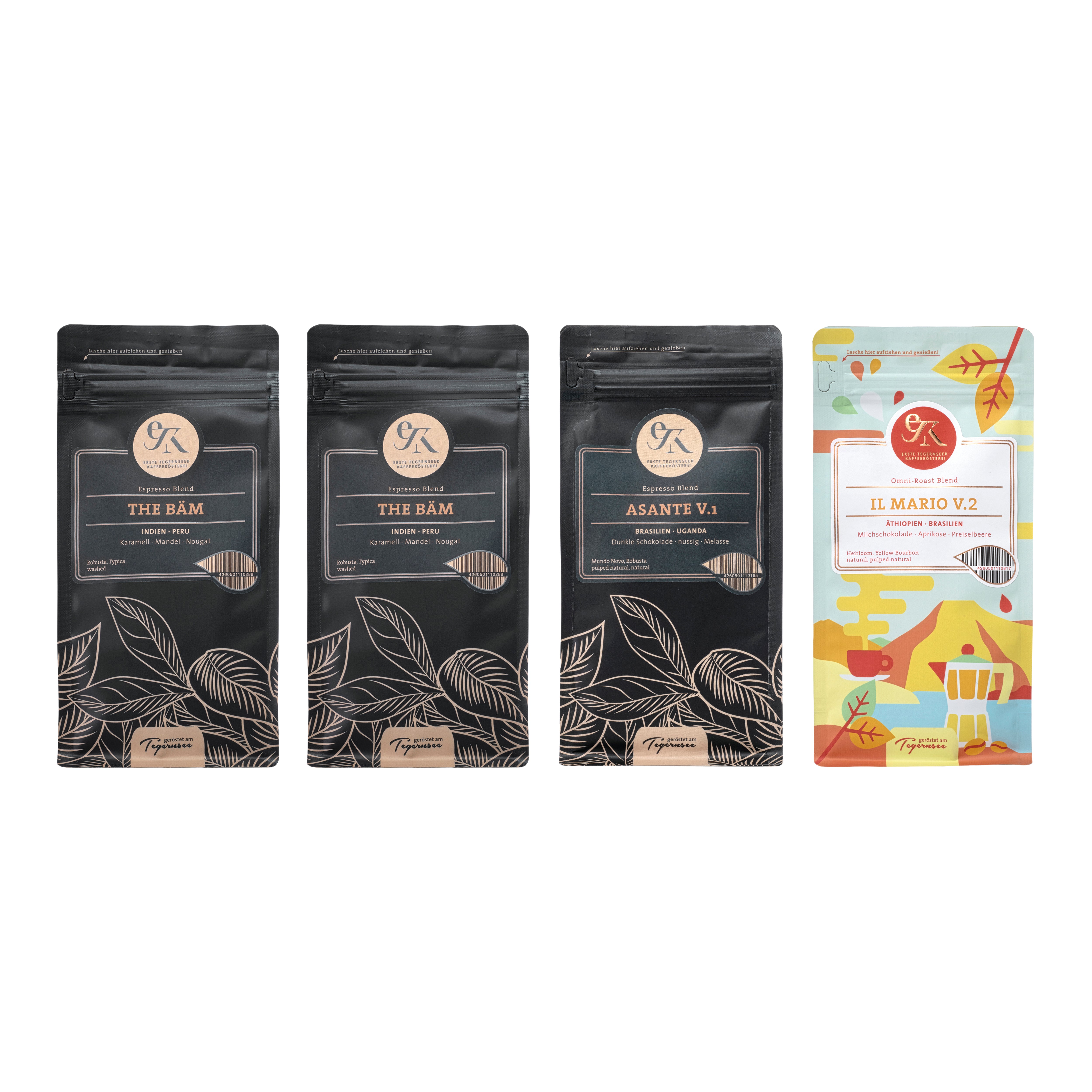 Exklusives Kaffee-Set „Bäm & Friends“ der Ersten Tegernseer Kaffeerösterei mit zweimal der Sorte The Bäm, einmal Asante V.1 und dem fruchtigen Il Mario V.2