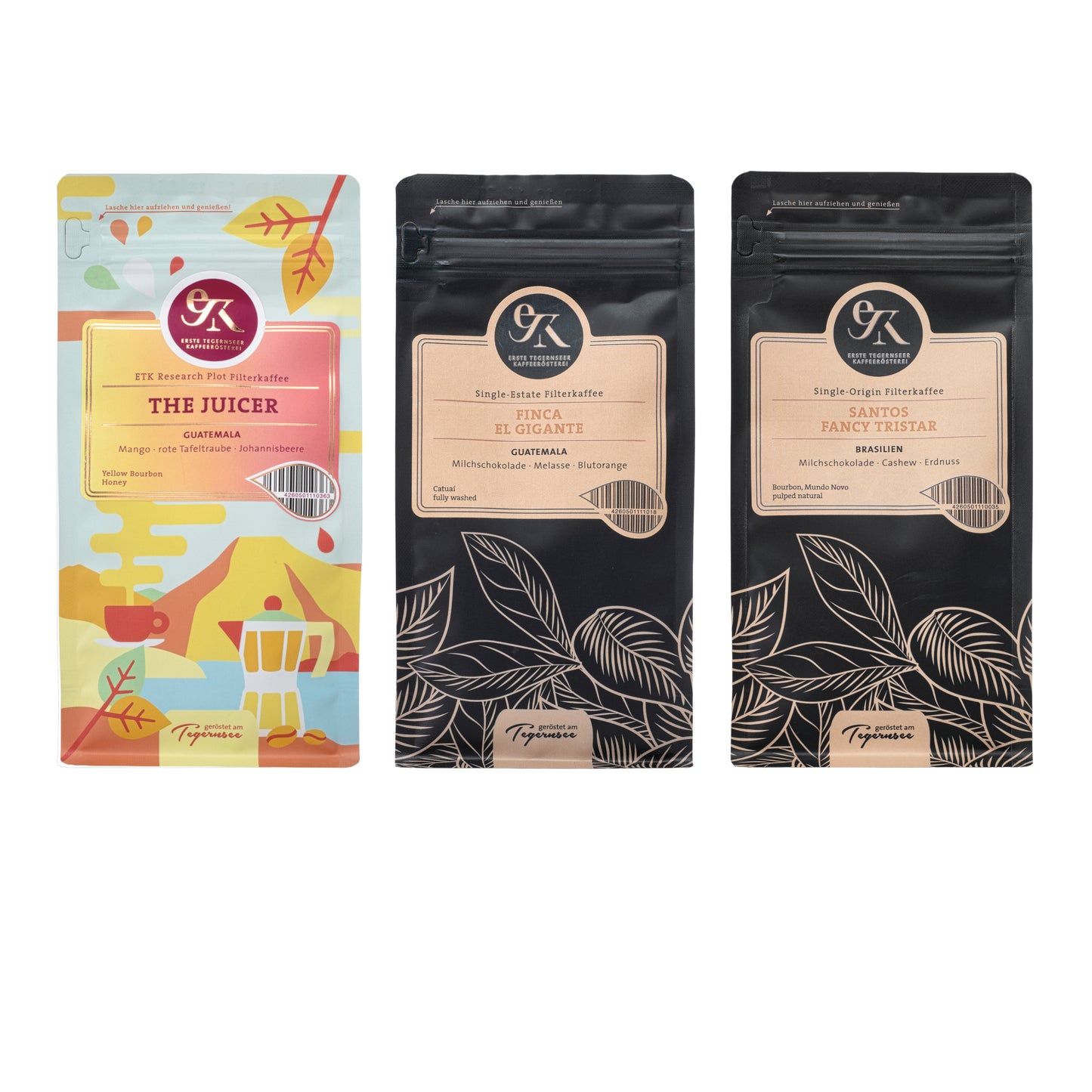 Filterkaffee Probier-Set „Die ETK-Entdeckung“ der Ersten Tegernseer Kaffeerösterei mit den fruchtigen bis nussigen Sorten The Juicer, Finca El Gigante und Brasilien Santos
