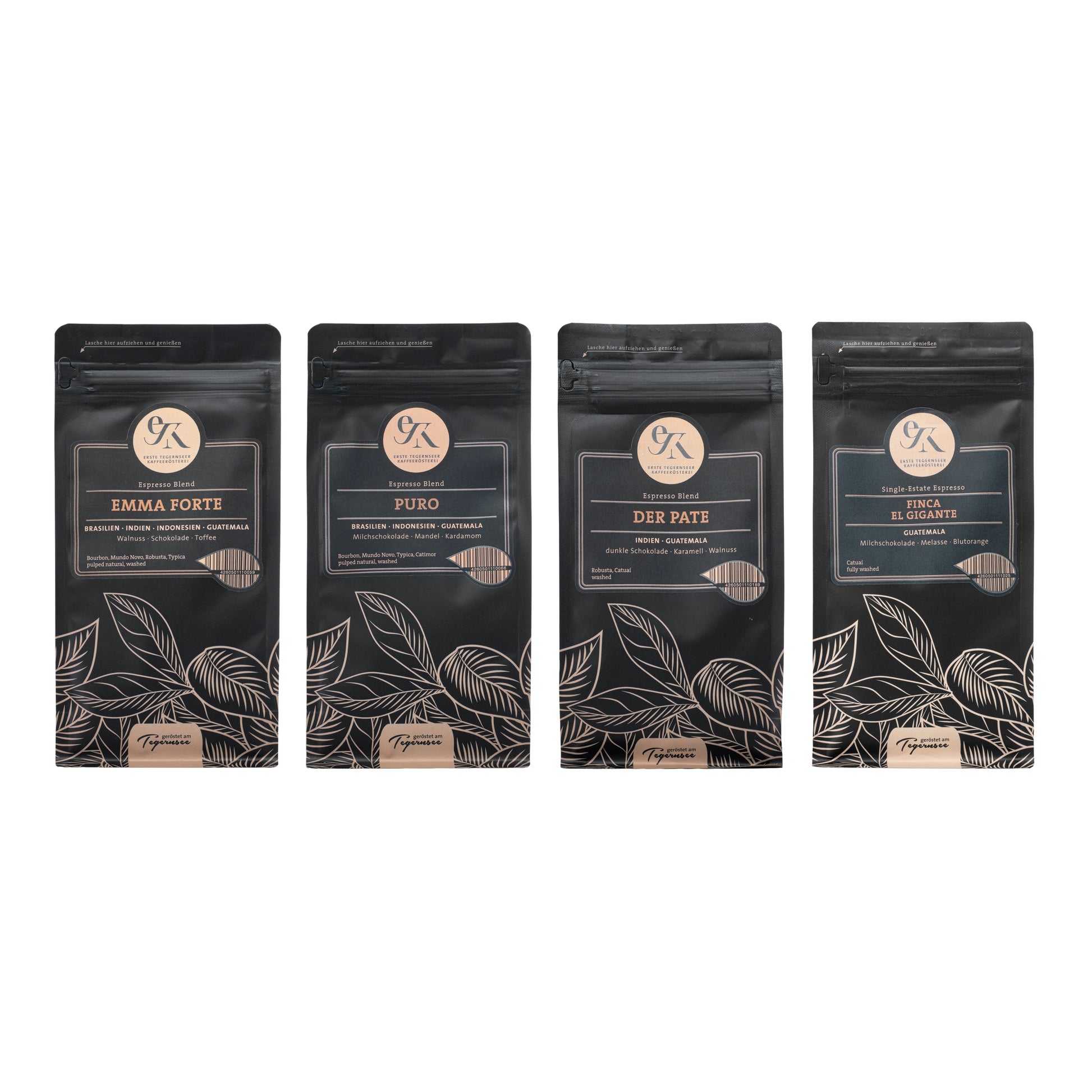 Espresso Probier-Set „Klassiker“ der Ersten Tegernseer Kaffeerösterei mit den traditionellen Sorten Emma Forte, Puro, Der Pate und Finca El Gigante