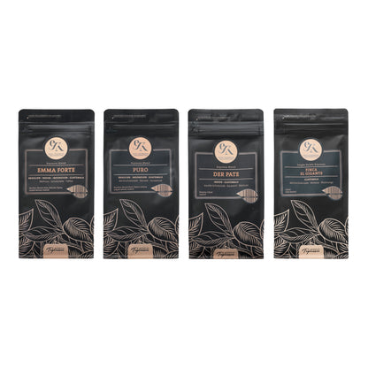 Espresso Probier-Set „Klassiker“ der Ersten Tegernseer Kaffeerösterei mit den traditionellen Sorten Emma Forte, Puro, Der Pate und Finca El Gigante