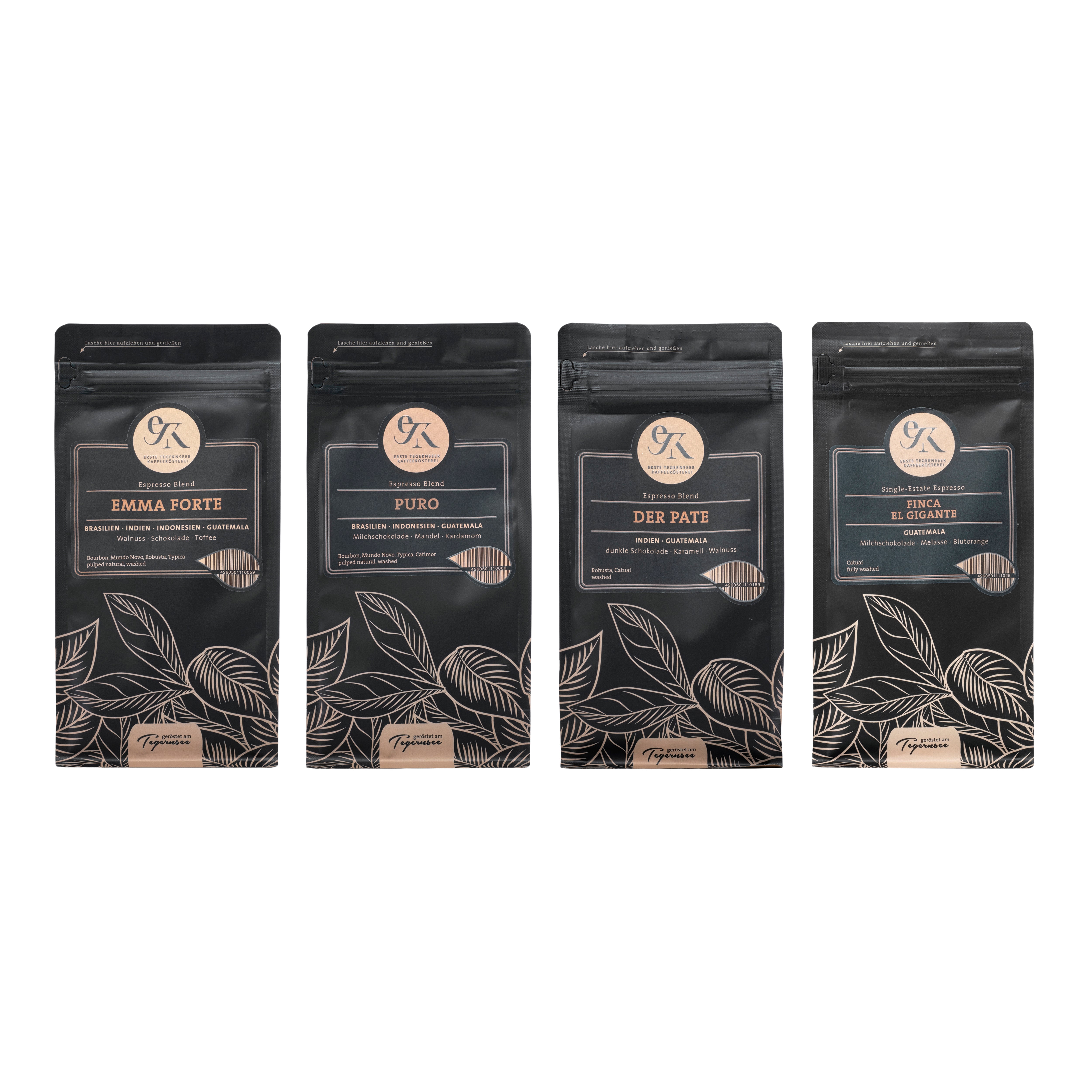 Espresso Probier-Set „Klassiker“ der Ersten Tegernseer Kaffeerösterei mit den traditionellen Sorten Emma Forte, Puro, Der Pate und Finca El Gigante