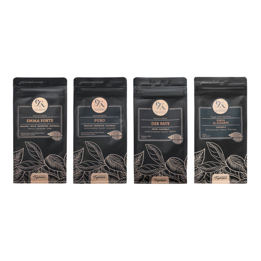 Espresso Probier-Set „Klassiker“ der Ersten Tegernseer Kaffeerösterei mit den traditionellen Sorten Emma Forte, Puro, Der Pate und Finca El Gigante