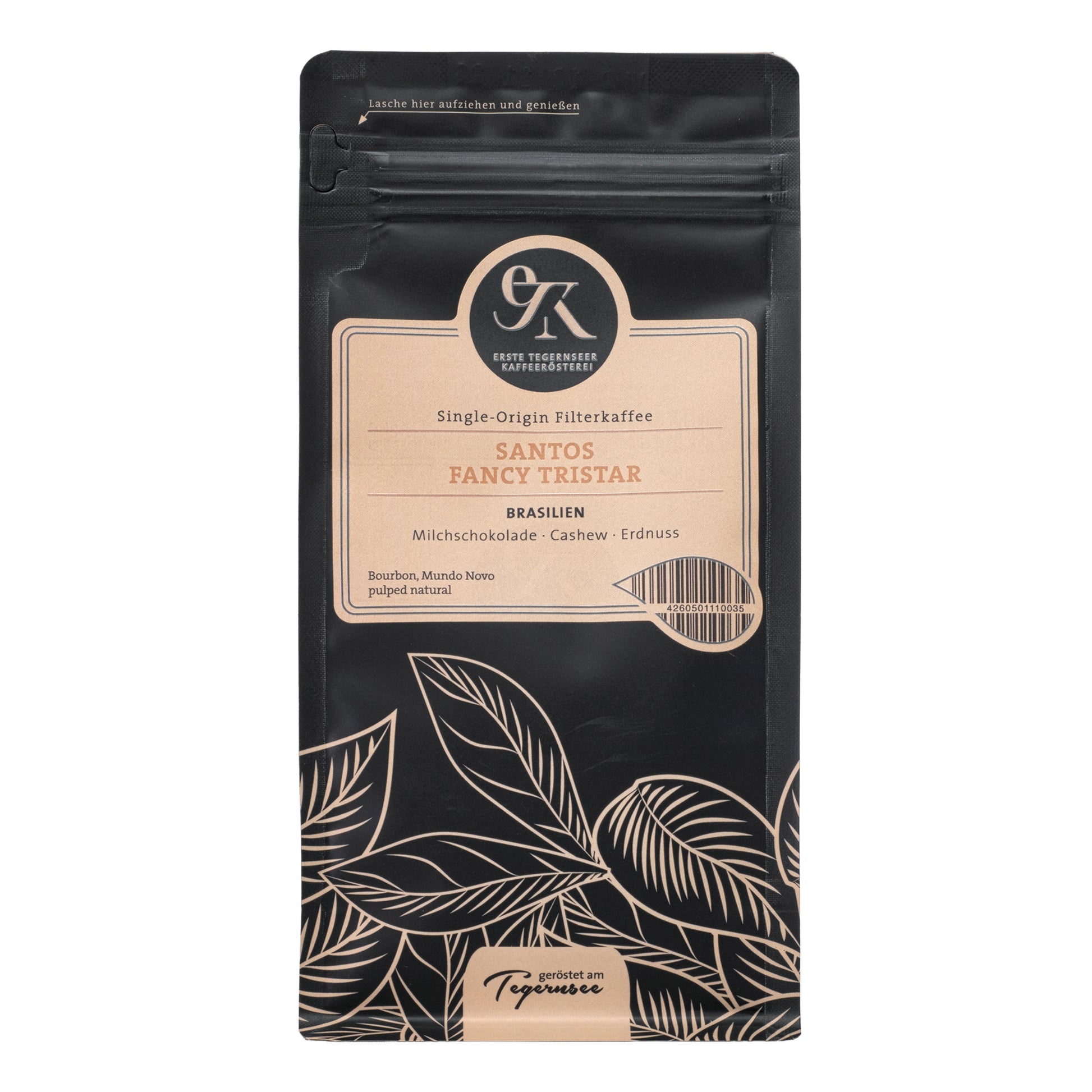 Single-Origin Filterkaffee Santos Fancy Tristar aus Brasilien von der Ersten Tegernseer Kaffeerösterei mit Geschmacksnoten von Milchschokolade, Cashew und Erdnuss