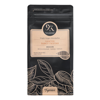 Single-Origin Filterkaffee Santos Fancy Tristar aus Brasilien von der Ersten Tegernseer Kaffeerösterei mit Geschmacksnoten von Milchschokolade, Cashew und Erdnuss