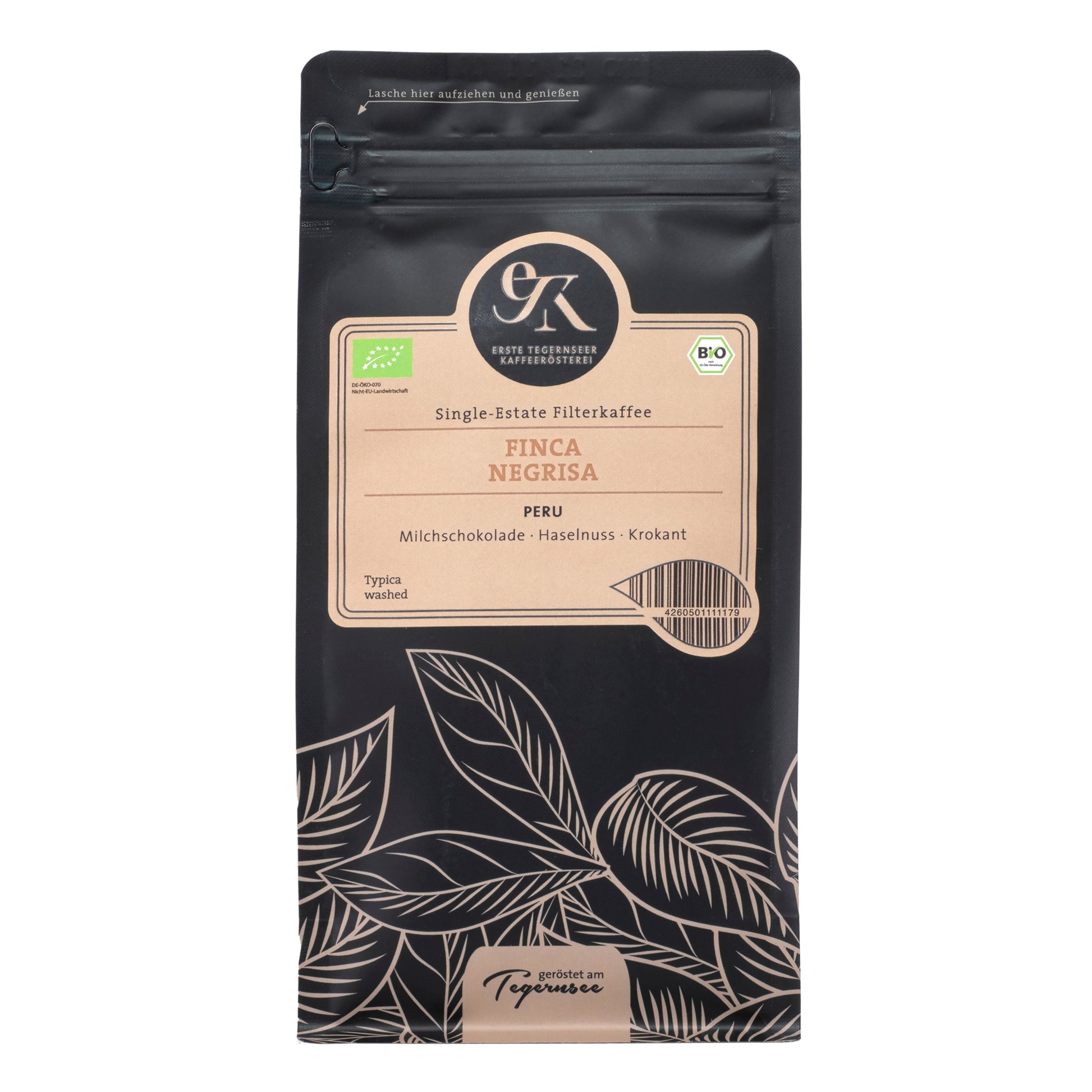 Bio Filterkaffee Finca Negrisa aus Peru von der Ersten Tegernseer Kaffeerösterei mit Geschmacksnoten von Milchschokolade, Haselnuss und Krokant