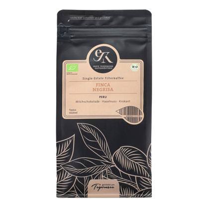 Bio Filterkaffee Finca Negrisa aus Peru von der Ersten Tegernseer Kaffeerösterei mit Geschmacksnoten von Milchschokolade, Haselnuss und Krokant