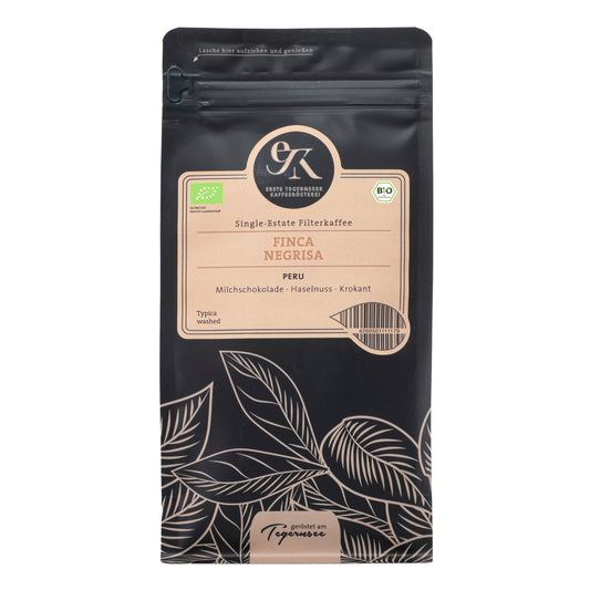 Bio Filterkaffee Finca Negrisa aus Peru von der Ersten Tegernseer Kaffeerösterei mit Geschmacksnoten von Milchschokolade, Haselnuss und Krokant