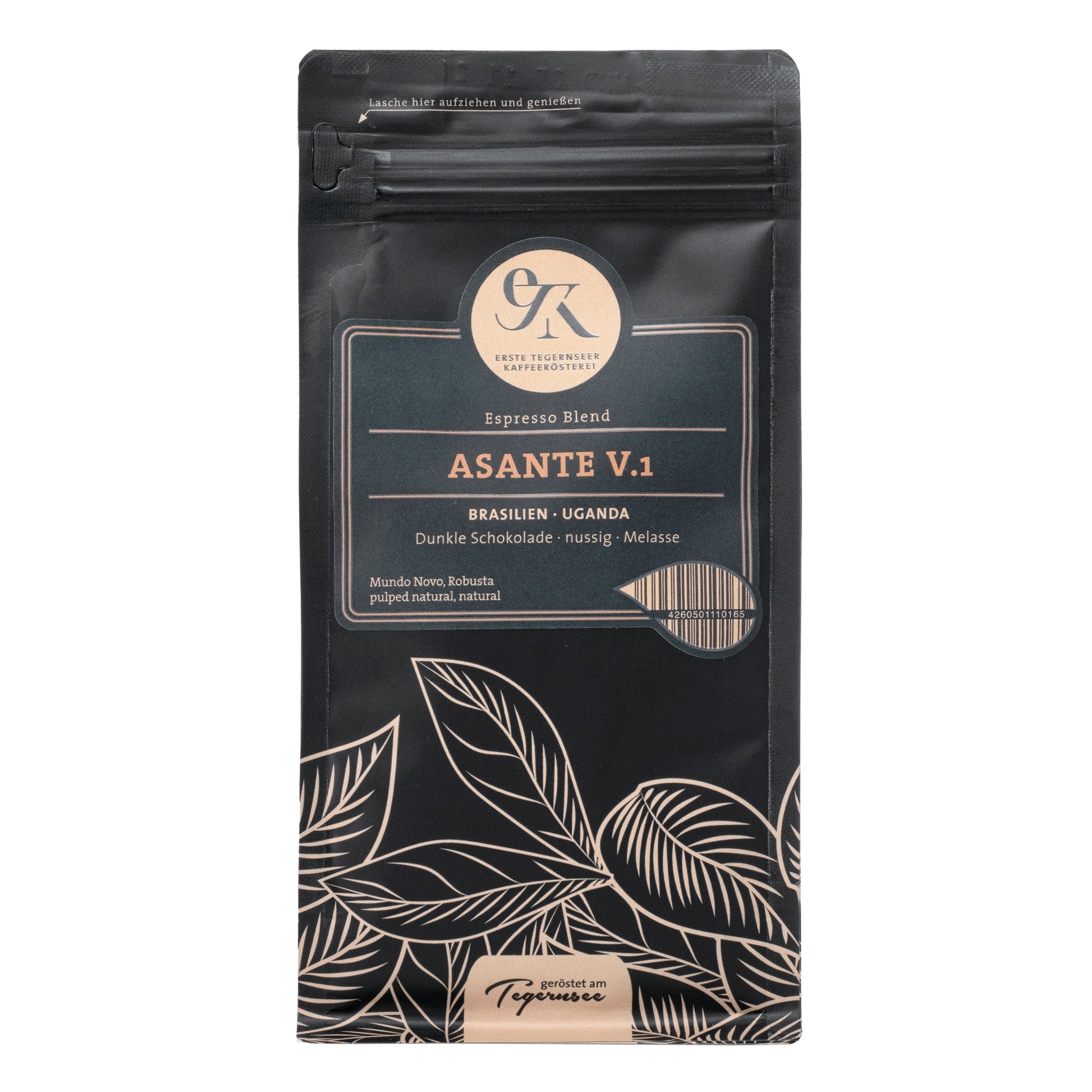 Espresso Blend Asante V.1 aus Brasilien und Uganda von der Ersten Tegernseer Kaffeerösterei mit Noten von dunkler Schokolade, nussig und Melasse