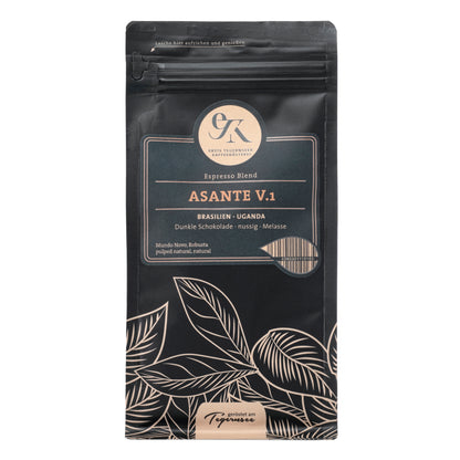 Espresso Blend Asante V.1 aus Brasilien und Uganda von der Ersten Tegernseer Kaffeerösterei mit Noten von dunkler Schokolade, nussig und Melasse