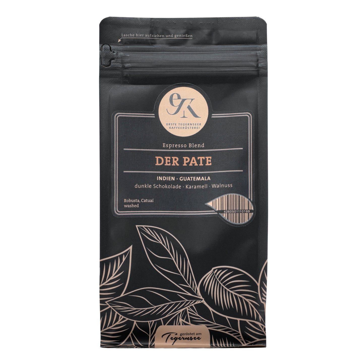 Kräftiger Espresso Blend Der Pate aus Indien und Guatemala von der Ersten Tegernseer Kaffeerösterei mit Aromen von dunkler Schokolade, Karamell und Walnuss