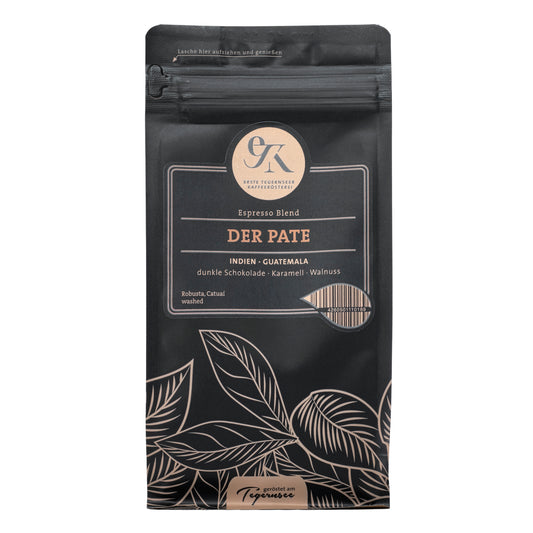 Kräftiger Espresso Blend Der Pate aus Indien und Guatemala von der Ersten Tegernseer Kaffeerösterei mit Aromen von dunkler Schokolade, Karamell und Walnuss