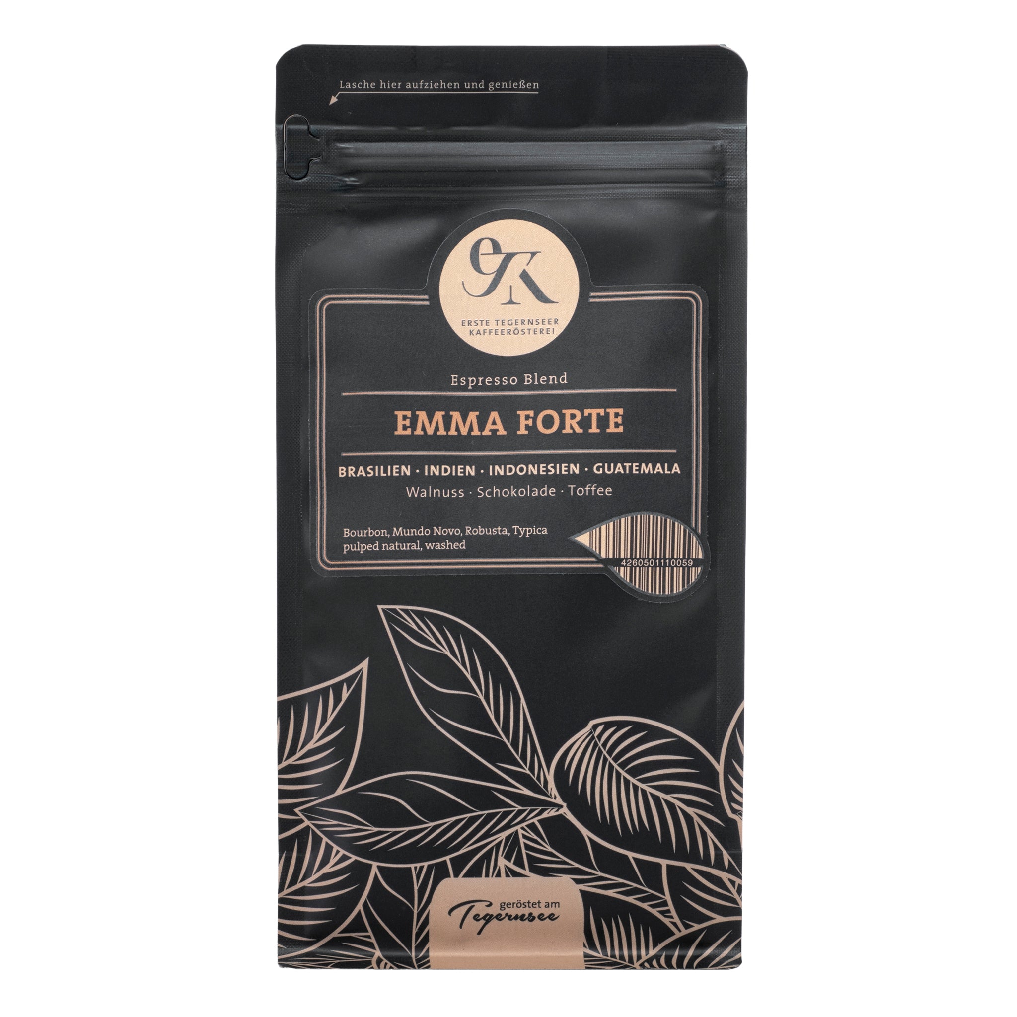 Espresso Blend Emma Forte aus Brasilien, Indien, Indonesien und Guatemala von der Ersten Tegernseer Kaffeerösterei mit Noten von Walnuss, Schokolade und Toffee