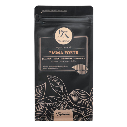 Espresso Blend Emma Forte aus Brasilien, Indien, Indonesien und Guatemala von der Ersten Tegernseer Kaffeerösterei mit Noten von Walnuss, Schokolade und Toffee