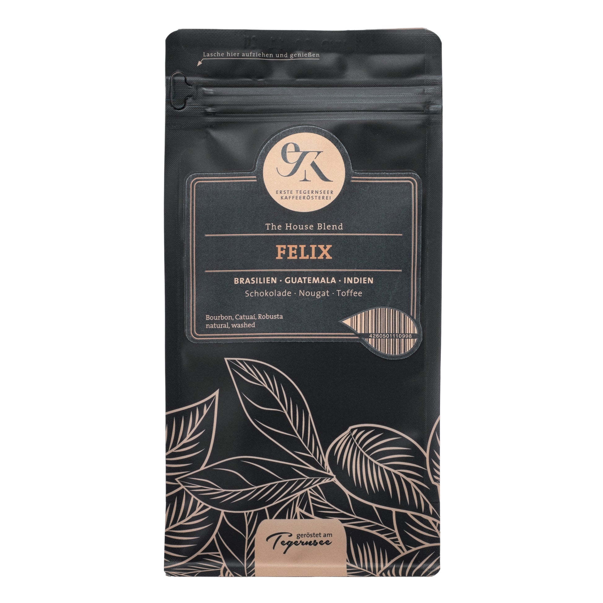 Espresso Houseblend Felix aus Brasilien, Guatemala und Indien von der Ersten Tegernseer Kaffeerösterei mit Geschmacksnoten von Schokolade, Nougat und Toffee