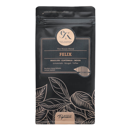 Espresso Houseblend Felix aus Brasilien, Guatemala und Indien von der Ersten Tegernseer Kaffeerösterei mit Geschmacksnoten von Schokolade, Nougat und Toffee