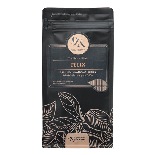 Espresso Houseblend Felix aus Brasilien, Guatemala und Indien von der Ersten Tegernseer Kaffeerösterei mit Geschmacksnoten von Schokolade, Nougat und Toffee