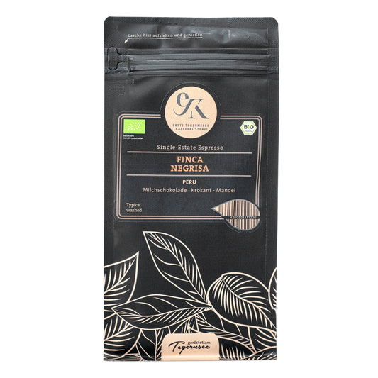 Bio Single-Estate Espresso Finca Negrisa aus Peru von der Ersten Tegernseer Kaffeerösterei mit Nuancen von Milchschokolade, Krokant und Mandel