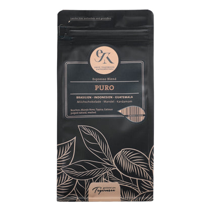 Espresso Blend Puro aus Brasilien, Indonesien und Guatemala von der Ersten Tegernseer Kaffeerösterei mit Geschmacksnoten von Milchschokolade, Mandel und Kardamom