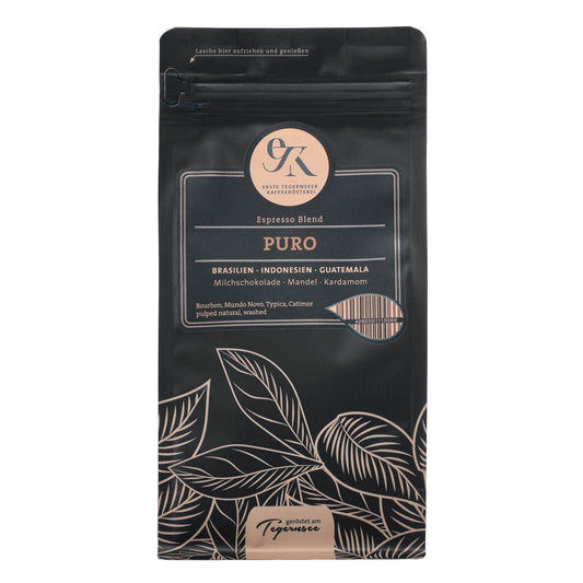 Espresso Blend Puro aus Brasilien, Indonesien und Guatemala von der Ersten Tegernseer Kaffeerösterei mit Geschmacksnoten von Milchschokolade, Mandel und Kardamom