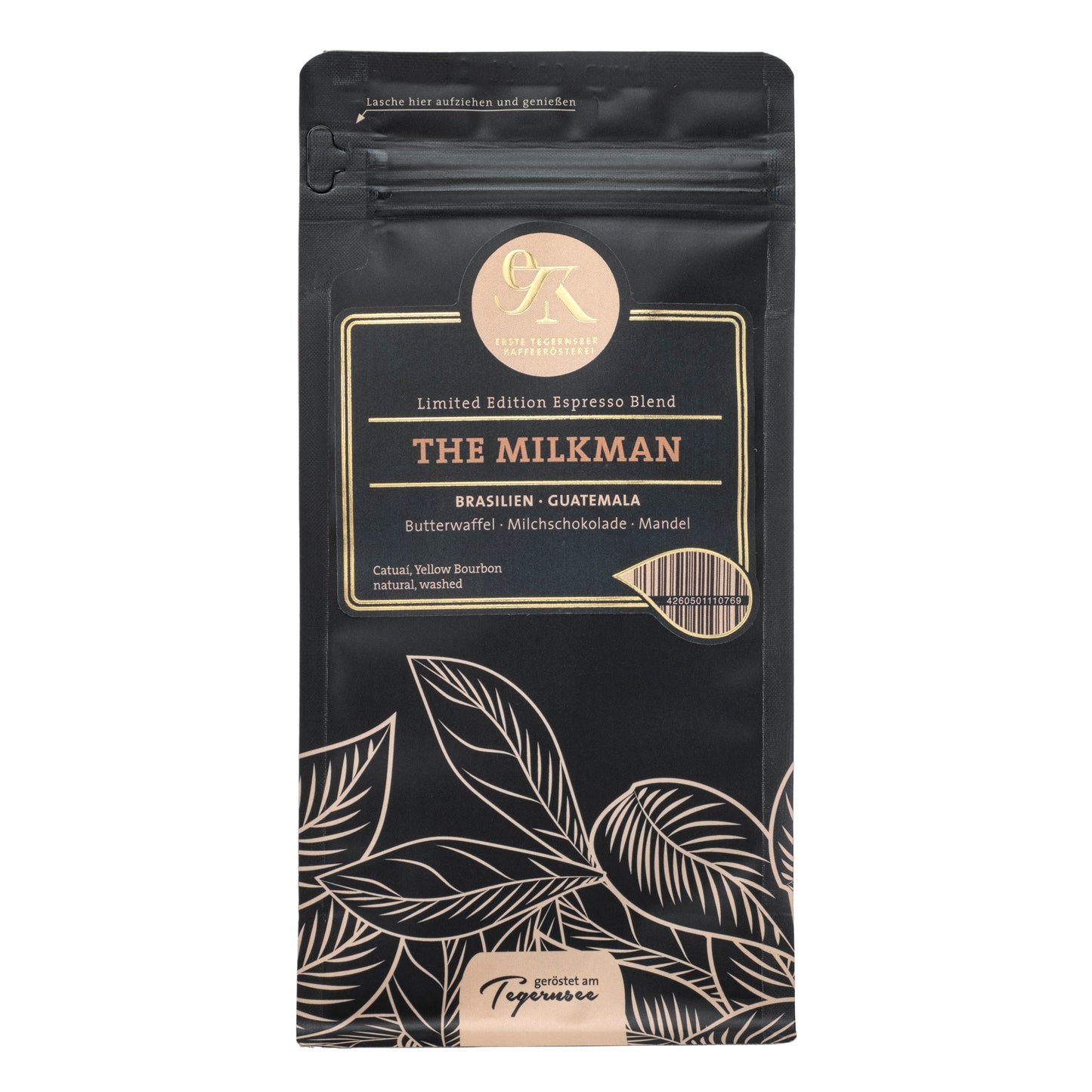 Limited Edition Espresso Blend The Milkman aus Brasilien und Guatemala von der Ersten Tegernseer Kaffeerösterei mit Noten von Butterwaffel, Milchschokolade und Mandel