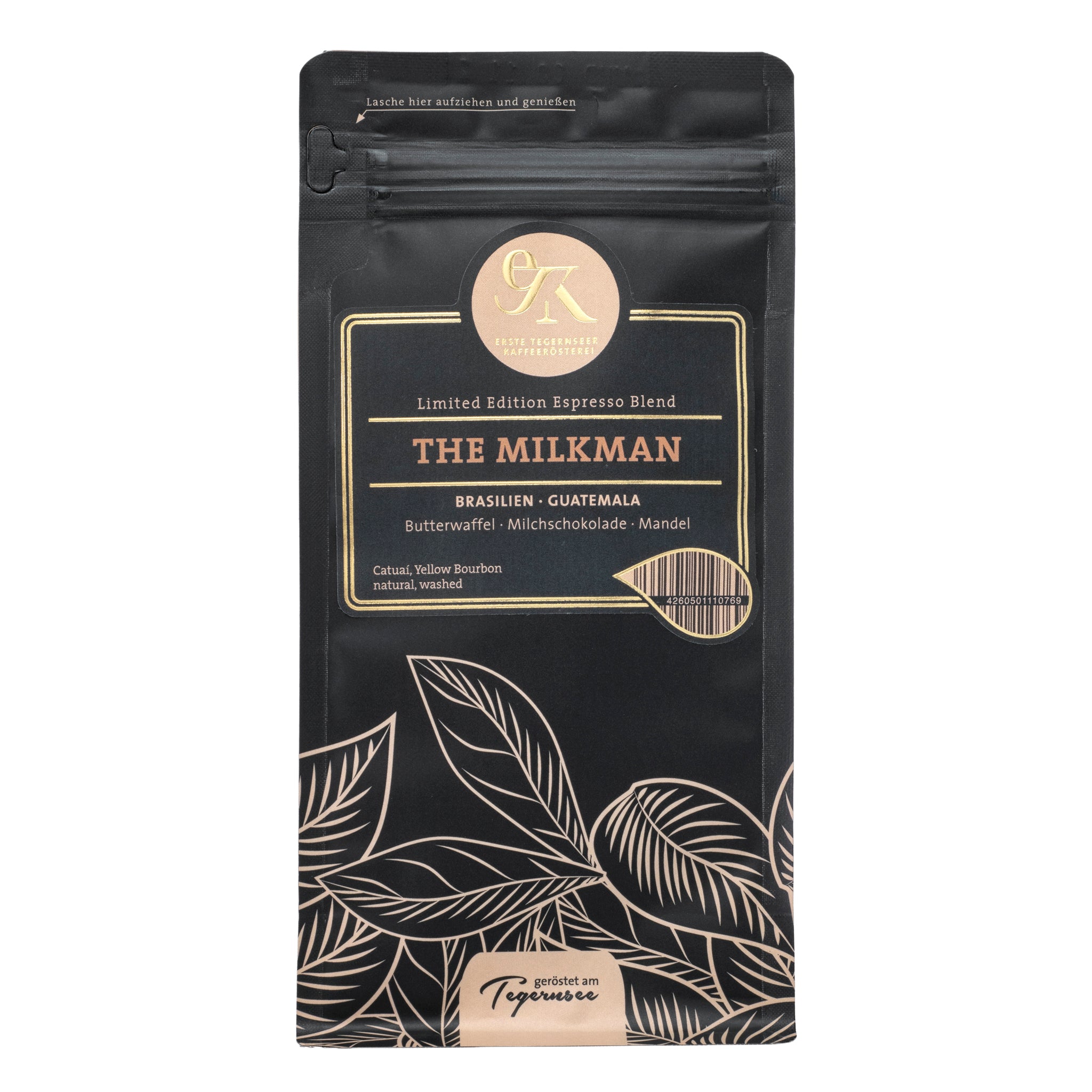 Limited Edition Espresso Blend The Milkman aus Brasilien und Guatemala von der Ersten Tegernseer Kaffeerösterei mit Noten von Butterwaffel, Milchschokolade und Mandel