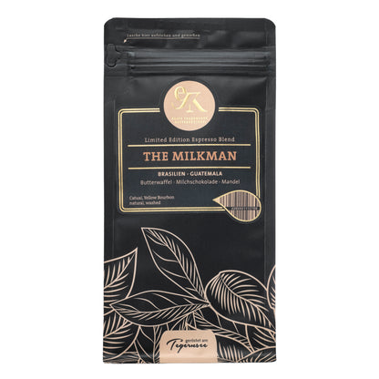 Limited Edition Espresso Blend The Milkman aus Brasilien und Guatemala von der Ersten Tegernseer Kaffeerösterei mit Noten von Butterwaffel, Milchschokolade und Mandel