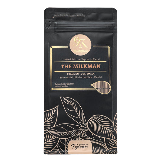 Limited Edition Espresso Blend The Milkman aus Brasilien und Guatemala von der Ersten Tegernseer Kaffeerösterei mit Noten von Butterwaffel, Milchschokolade und Mandel