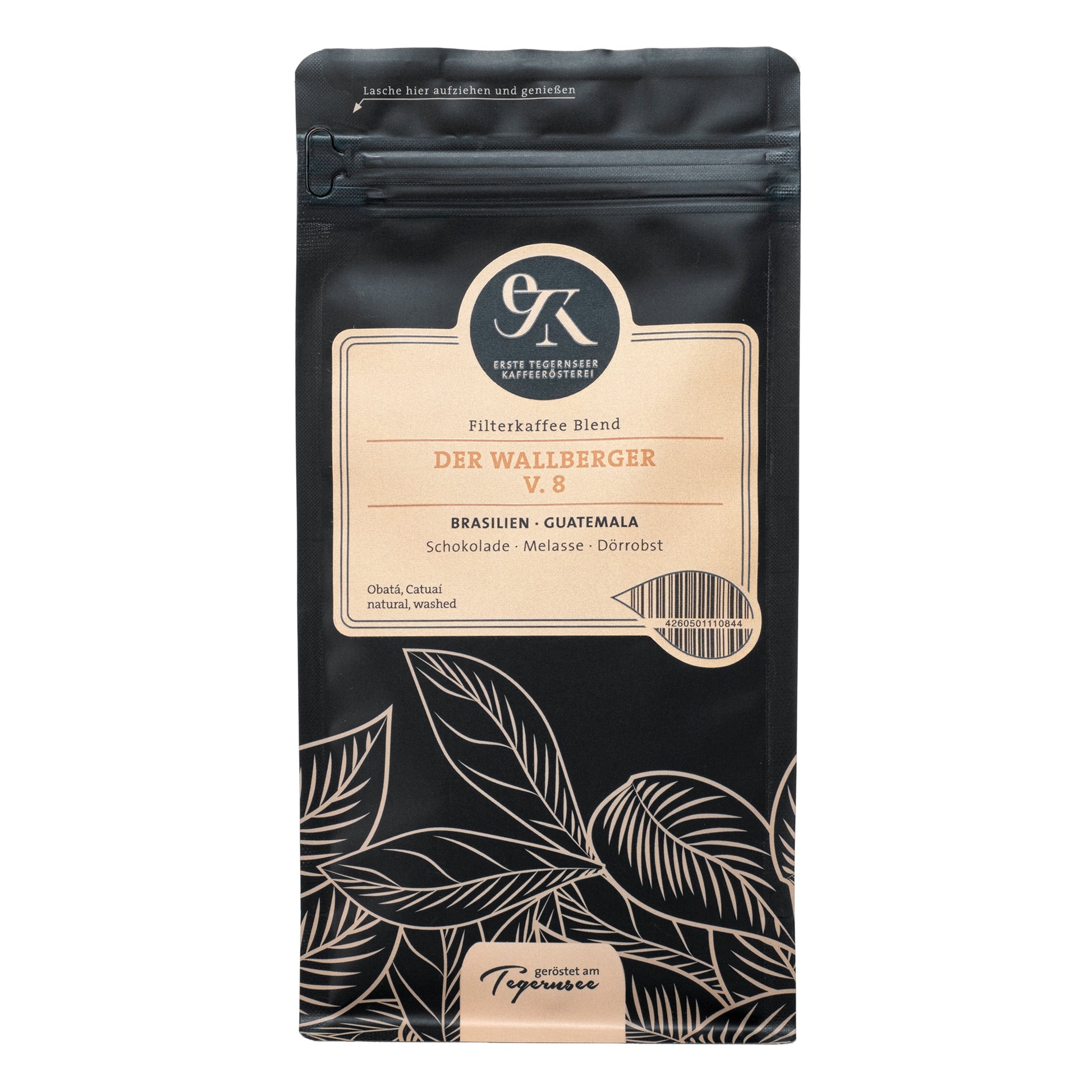 Filterkaffee-Mischung Der Wallberger V.8 der Ersten Tegernseer Kaffeerösterei mit feinen Noten von Schokolade, Melasse und Dörrobst