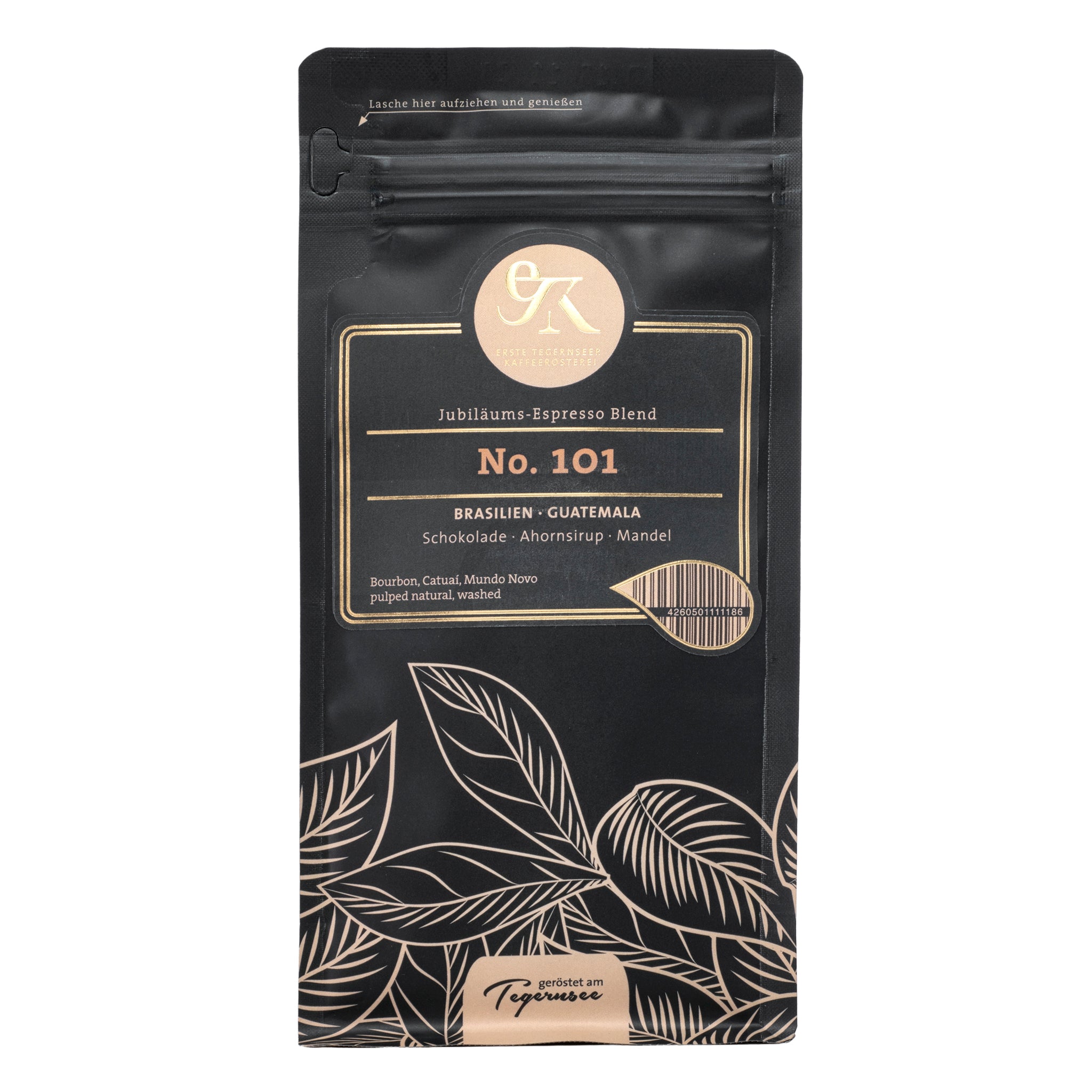 Jubiläums-Espresso Blend No. 101 aus Brasilien und Guatemala von der Ersten Tegernseer Kaffeerösterei mit feinen Aromen von Schokolade, Ahornsirup und Mandel
