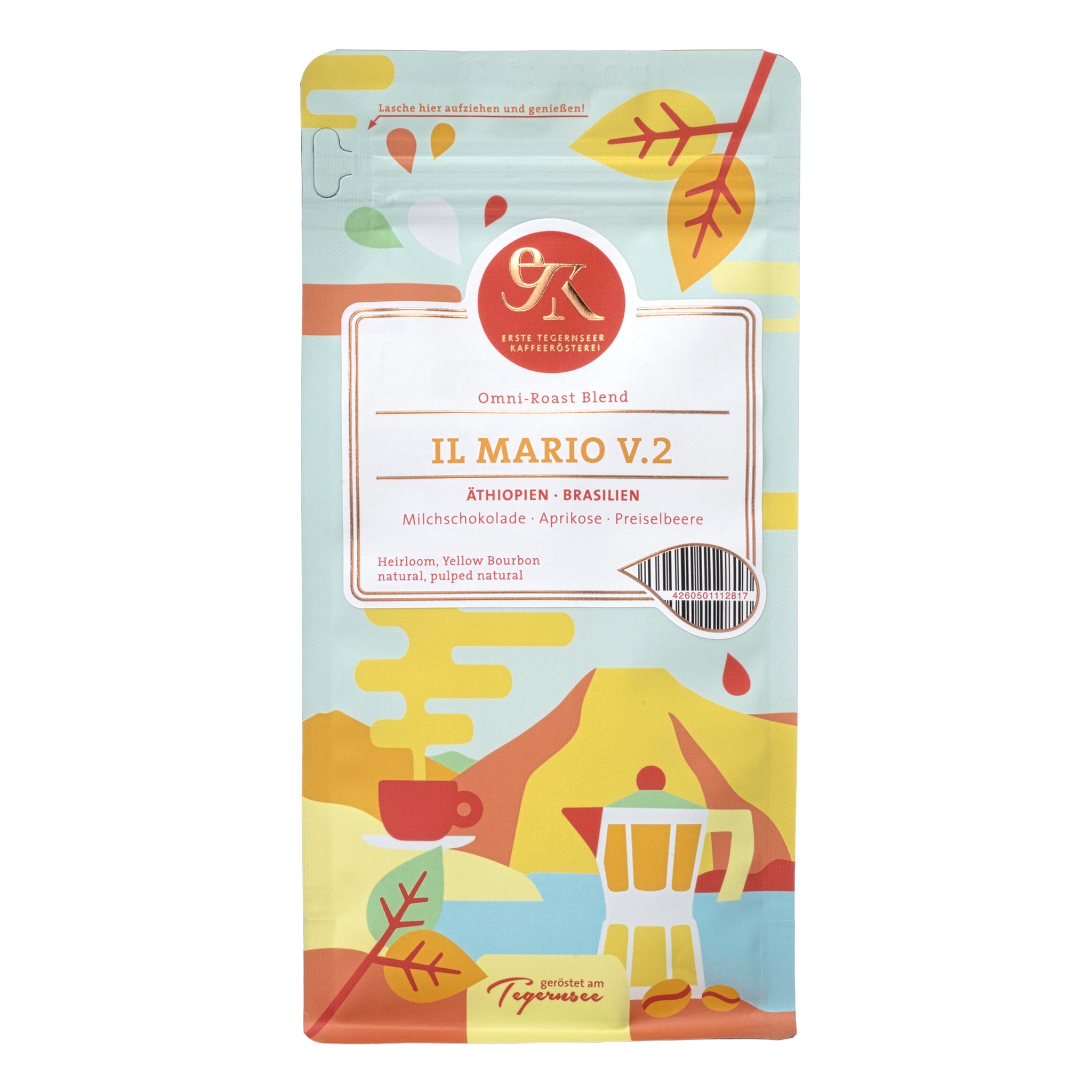 Omni-Roast Blend IL MARIO V.2 aus Äthiopien und Brasilien von der Ersten Tegernseer Kaffeerösterei mit Noten von Milchschokolade, Aprikose und Preiselbeere