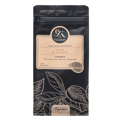 Single-Estate Filterkaffee Finca El Gigante aus Guatemala von der Ersten Tegernseer Kaffeerösterei mit Noten von Milchschokolade, Melasse und Blutorange