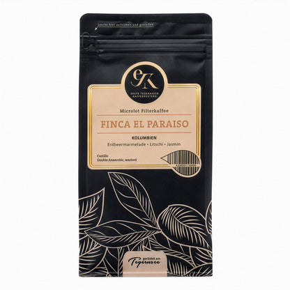 Single Origin Filterkaffee FINCA EL PARAISO aus Kolumbien von der Ersten Tegernseer Kaffeerösterei mit Noten von Erdbeermarmelade, Litschi und Jasmin