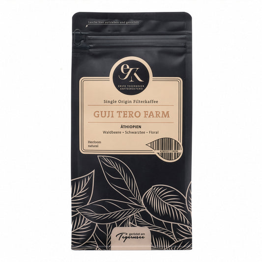 Filterkaffee von Erste Tegernseer Kaffeerösterei, Guji Tero Farm, äthiopischer Single Origin Kaffeeverpackung, frisch geröstet