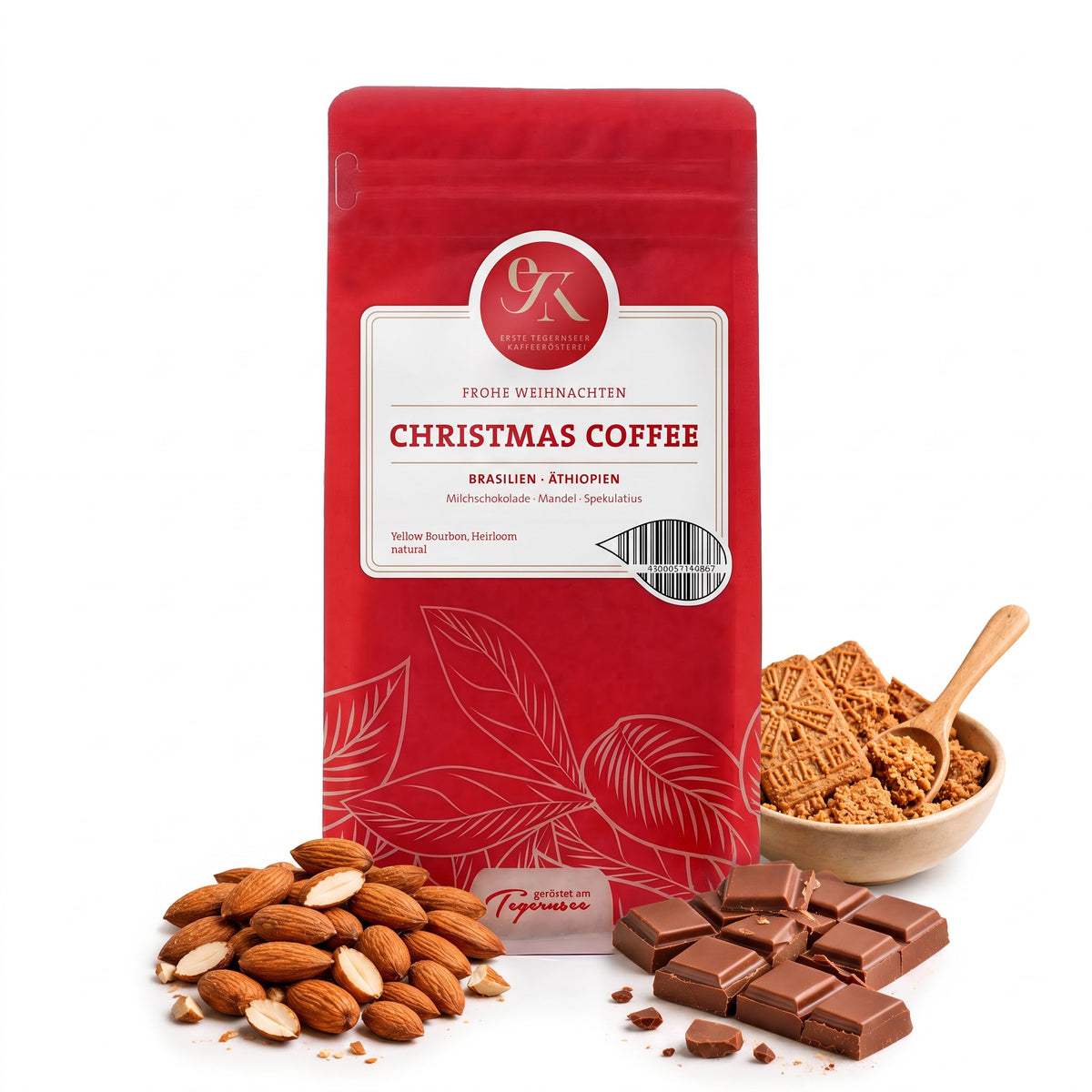 Weihnachtskaffee 2026 Omni Roast Blend – rote Kaffeepackung „Christmas Coffee“ der Ersten Tegernseer Kaffeerösterei