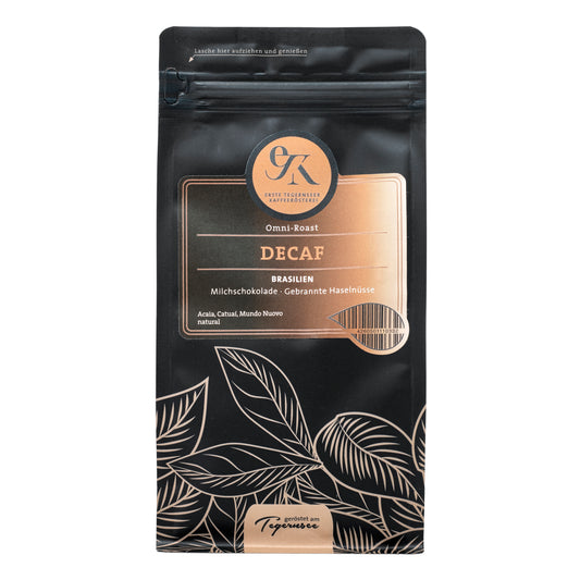 Entkoffeinierter Omni-Roast Kaffee DECAF aus Brasilien von der Ersten Tegernseer Kaffeerösterei mit Aromen von Milchschokolade und gebrannten Haselnüssen